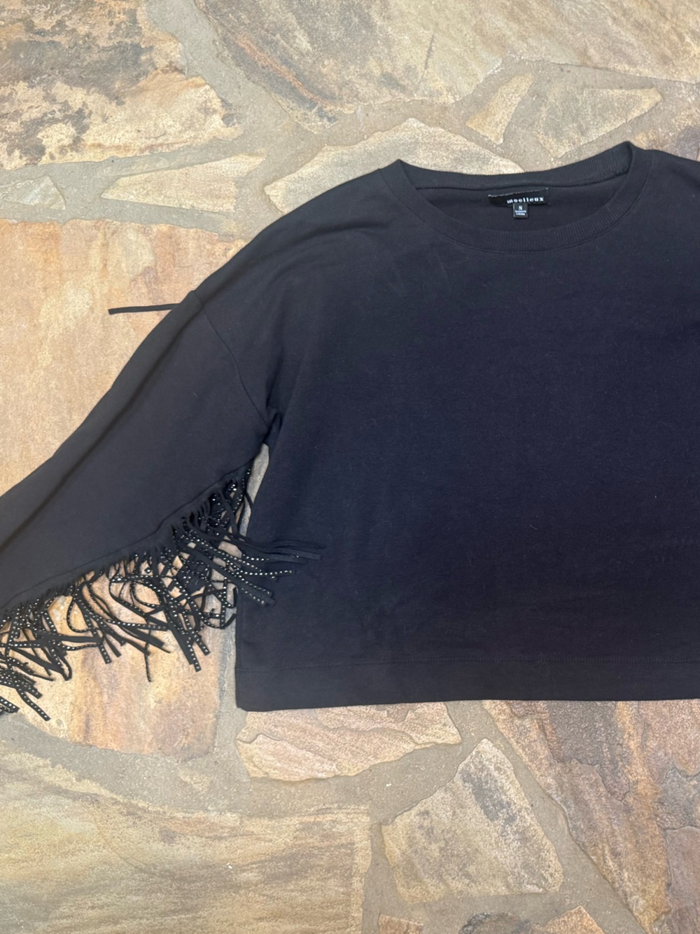 Moelleux Black Rhinestone Fringe Cutout Sleeve Sweatshirt Size Small